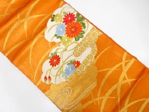 雲取りに菊流水・芝草模様刺繍名古屋帯